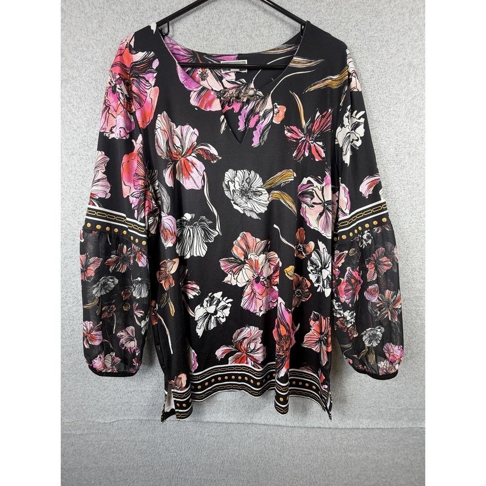JM Collection Blouse Womens XXL Black Floral Balloon Sleeve Tunic Stretch Top